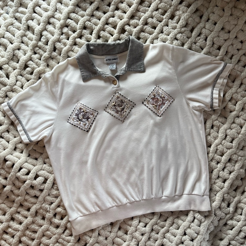 Alfred Dunner womens Cream Polo with Embroidered and beaded Details